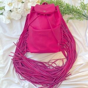 Paris Valtadoros Mykonos Fuchsia Pebbled Leather Fringe Small Staple Backpack